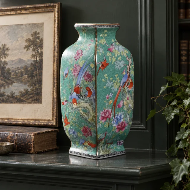 Vase with Green Ground and Floral Branches, 34 cm in an AI-assisted home styling scene