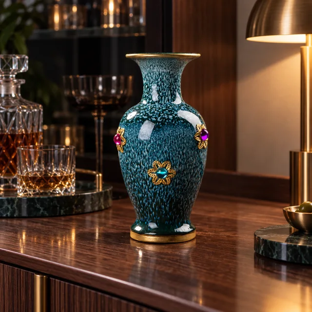 Vase with Green Glaze and Gold-Tone Accents, 21-22 cm in an AI-assisted home styling scene