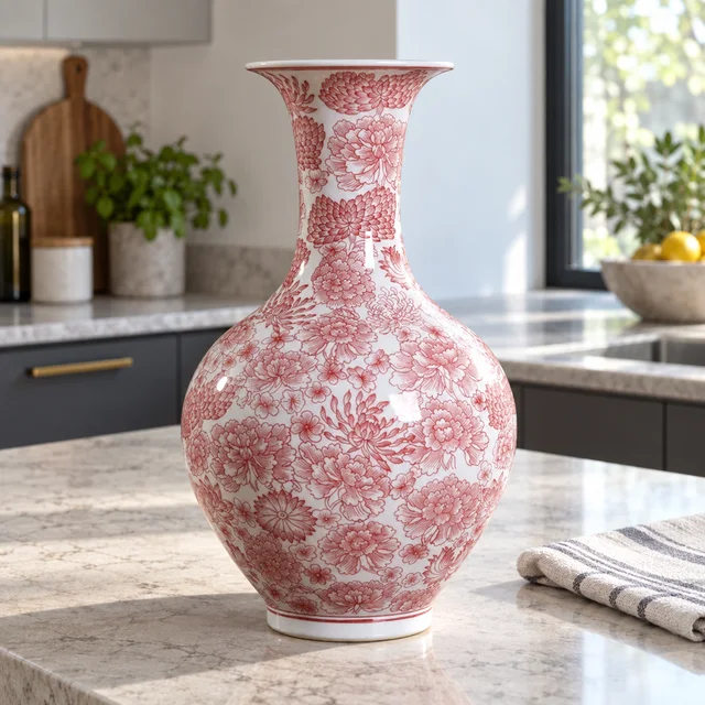 Vase with Red-and-White Floral Pattern, 36 cm in an AI-assisted home styling scene