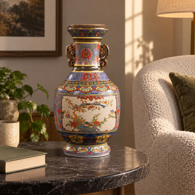 Vase with Purple Ground and Bird Panels, 35 cm in an AI-assisted home styling scene