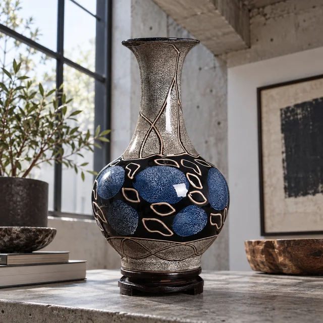 Vase — Blue and Grey Patterned Glaze in an AI-assisted home styling scene