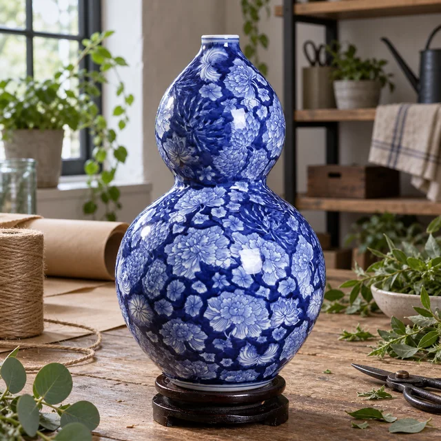Vase — Blue and White Floral Gourd in an AI-assisted home styling scene