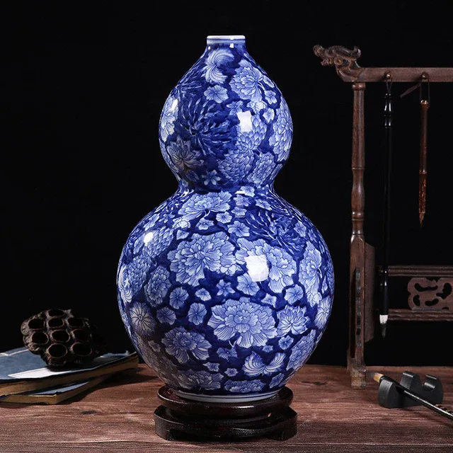 Vase: Blue and White Floral Gourd