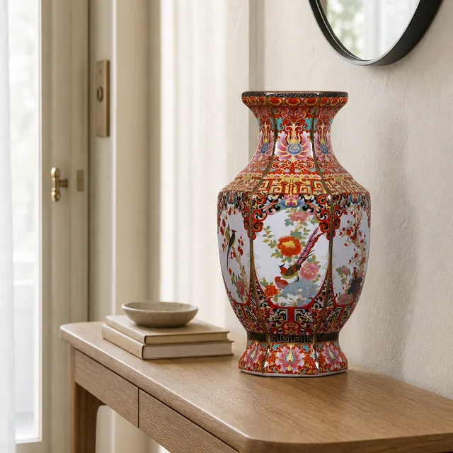 Vase — Red Hexagonal Bird and Floral Panels in an AI-assisted home styling scene