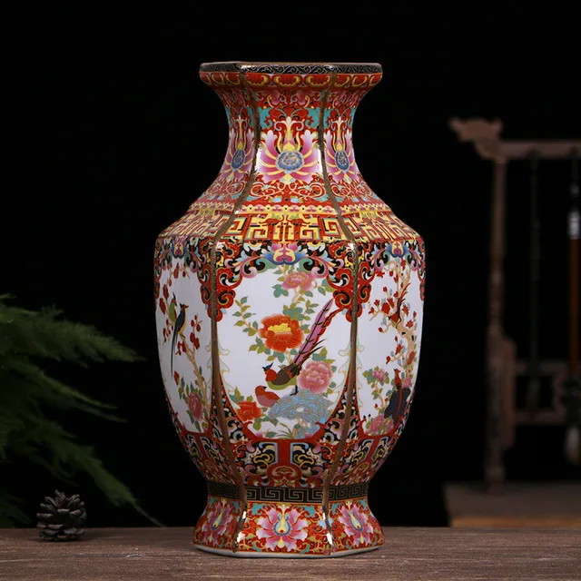 Vase: Red Hexagonal Bird and Floral Panels
