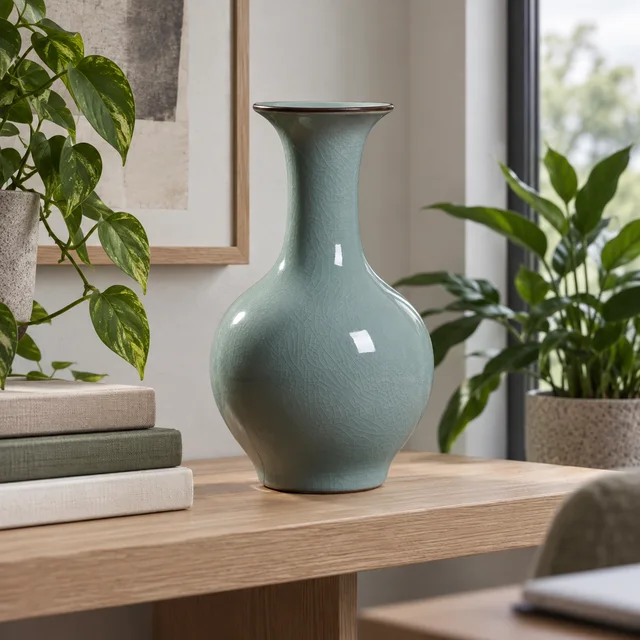 Vase — Green Crackle Glaze in an AI-assisted home styling scene