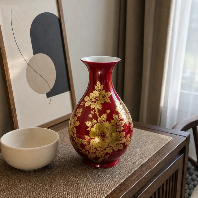 Vase — Red and Gold Floral Gourd, 25 cm in an AI-assisted home styling scene