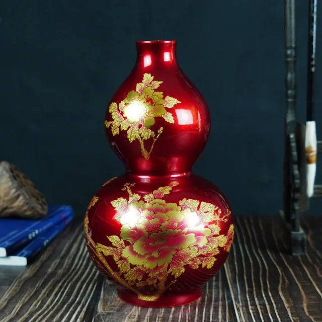 Vase: Red and Gold Floral Gourd, 25 cm