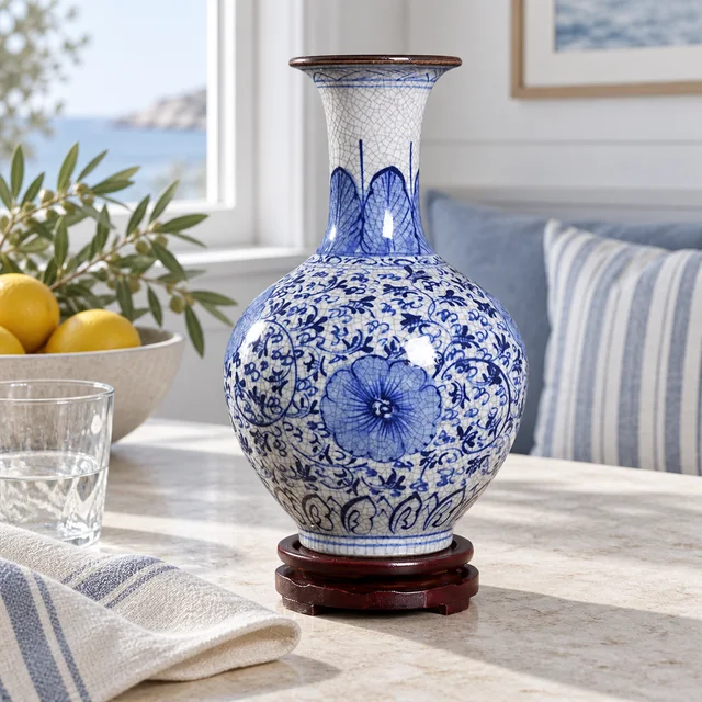 Vase — Blue and White Floral Crackle Glaze in an AI-assisted home styling scene