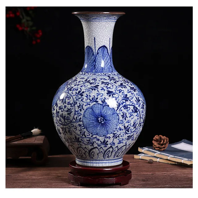 Vase: Blue and White Floral Crackle Glaze