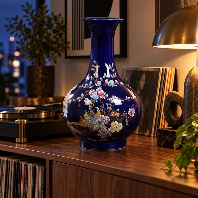 Vase — Deep Blue Bird and Floral Motifs, 36 cm in an AI-assisted home styling scene