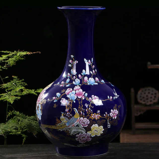 Vase: Deep Blue Bird and Floral Motifs, 36 cm