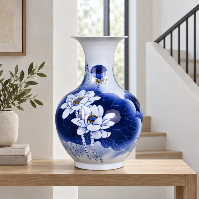 Vase — Blue and White Lotus with Flared Neck in an AI-assisted home styling scene