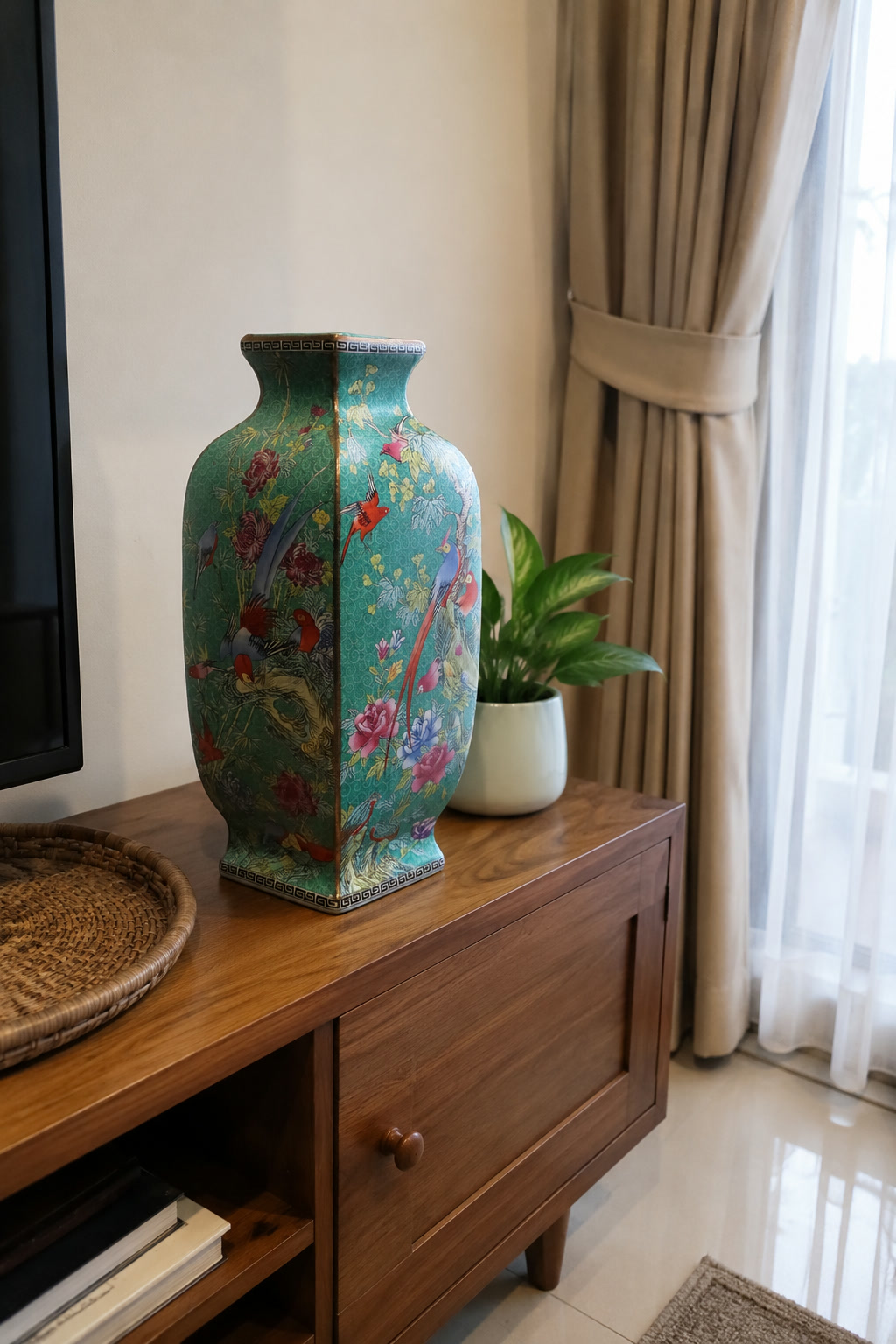 Square colorful flower and bird ceramic vase