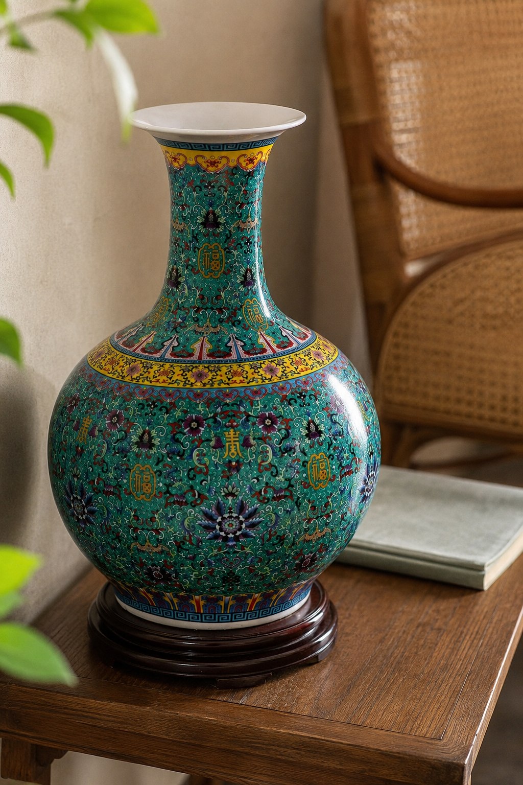 Turquoise ceramic vase with detailed surface pattern